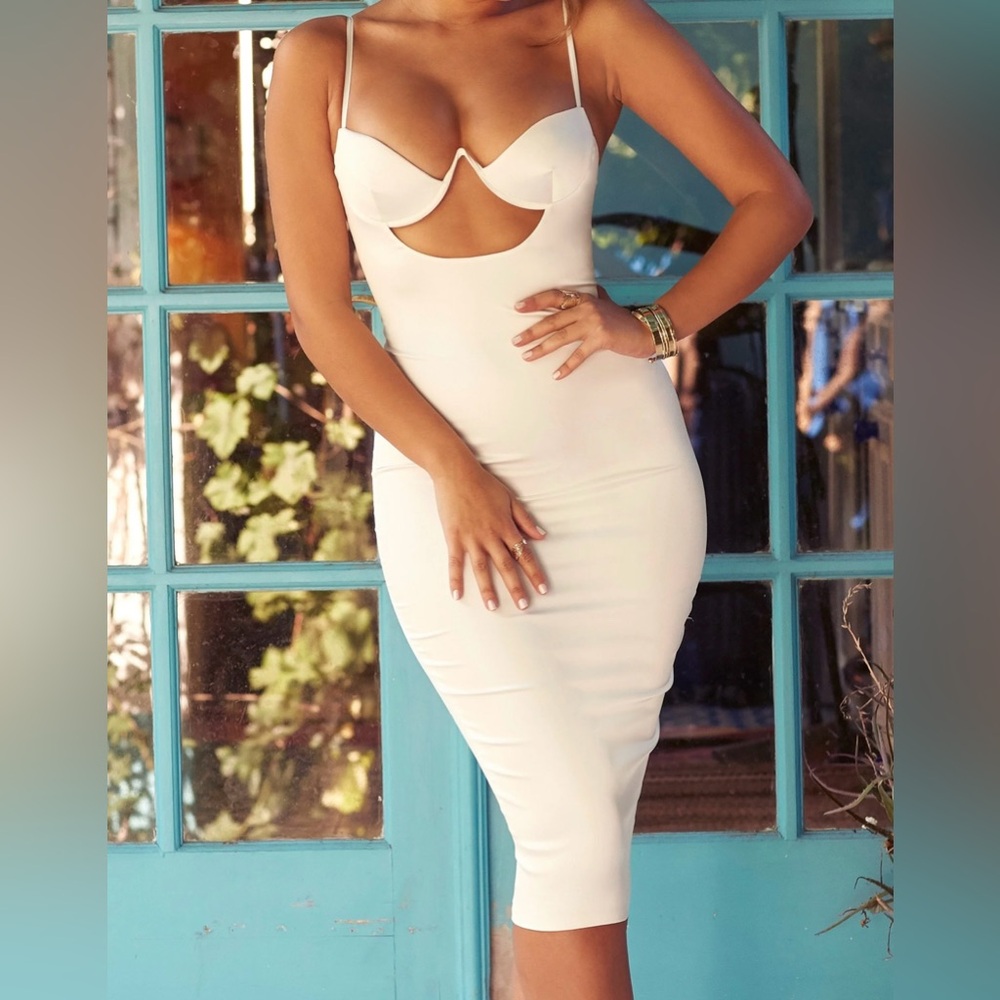 OH POLLY Ahead Of The Curve Satin Cut Out Midi Dress in Oyster White